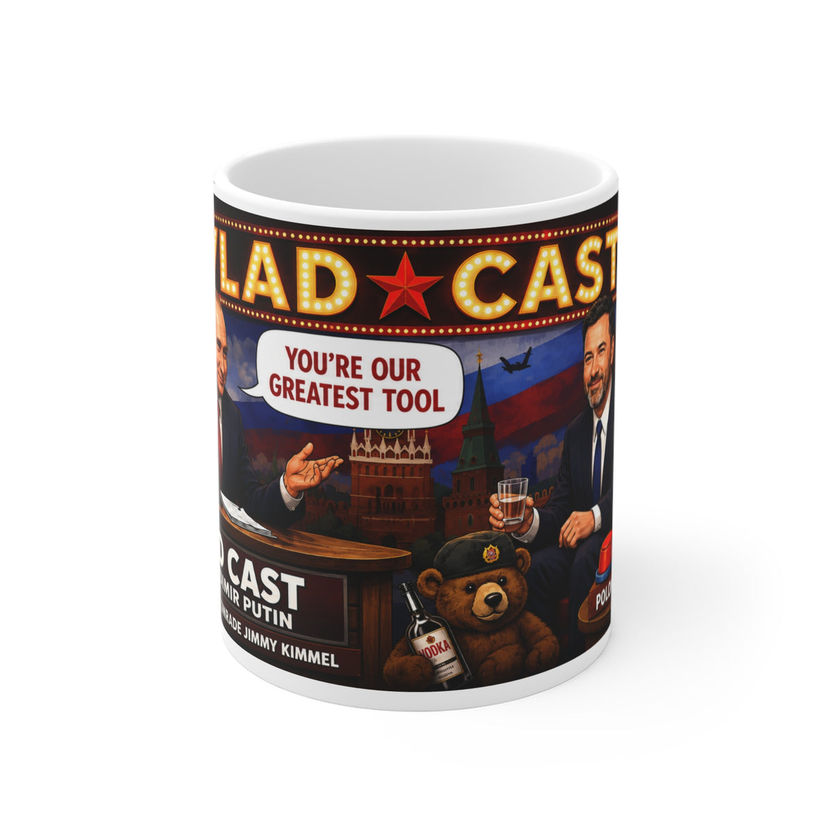 JIMMY KIMMEL ON THE PUTIN PODCAST JOKE MUG