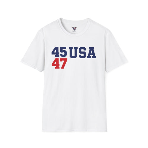 "Trump 45/47 USA Patriot Shirt | America First T-Shirt | Conservative Republican Apparel | God Family Country Tee" | anti-woke tshirt | T-Shirt — "45 USA 47" Patriotic Number Graphic Tee