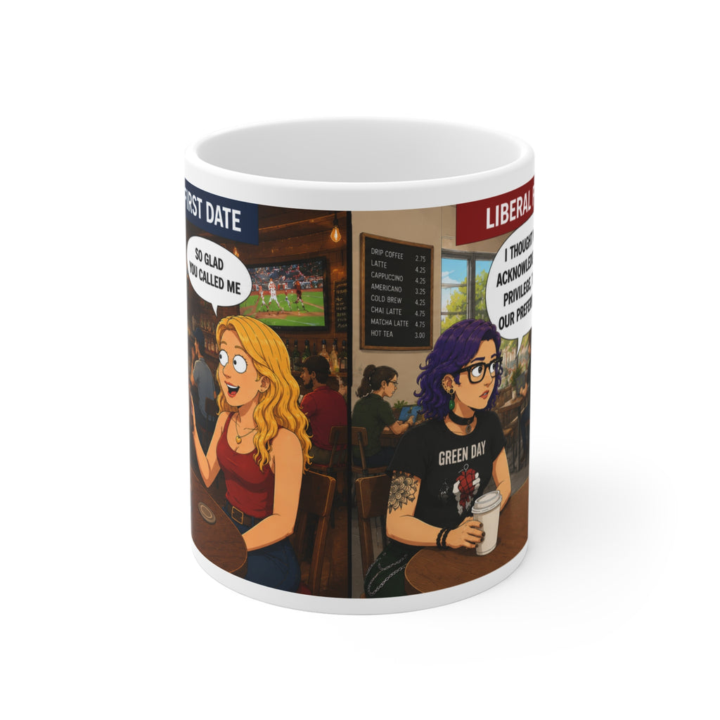 Conservative vs Liberal First Date Comic Mug — Funny Political Cartoon 11oz