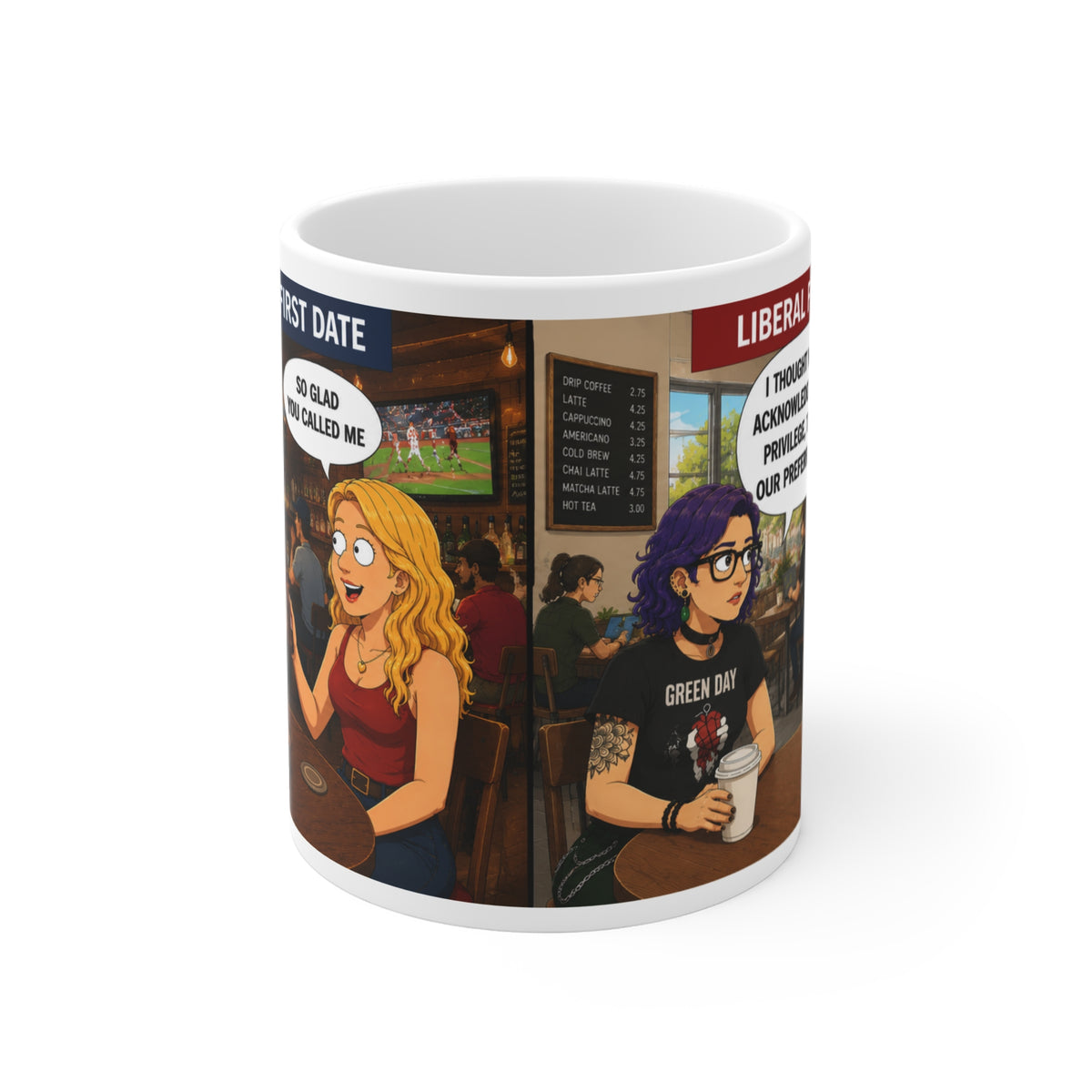 Conservative vs Liberal First Date Comic Mug — Funny Political Cartoon 11oz