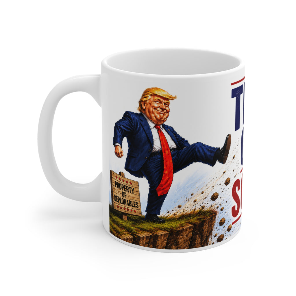 SCOTT PELLEY OUT AT 60 MINUTES Mug — "Time Out Scott" Political Satire Coffee Mug (Trump Kicking Off Cliff)