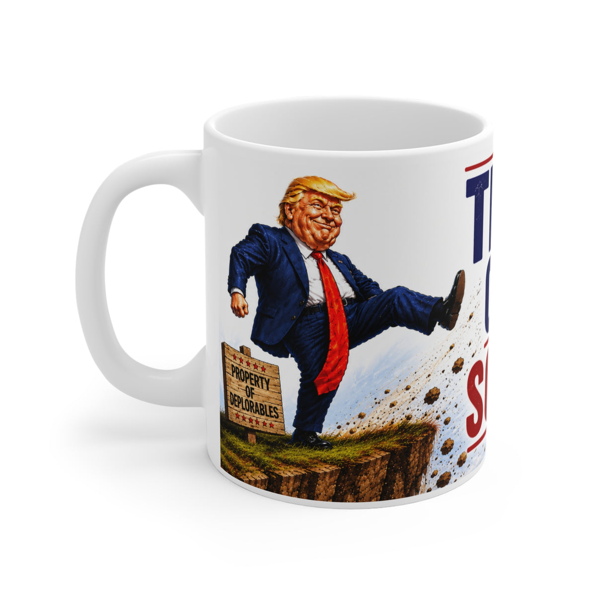 SCOTT PELLEY OUT AT 60 MINUTES Mug — "Time Out Scott" Political Satire Coffee Mug (Trump Kicking Off Cliff)