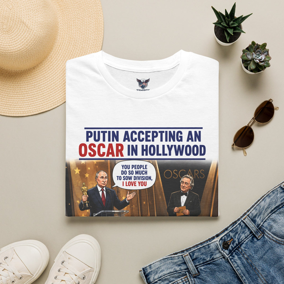 Political Satire T-Shirt — "Putin Accepting an Oscar in Hollywood" Graphic Tee