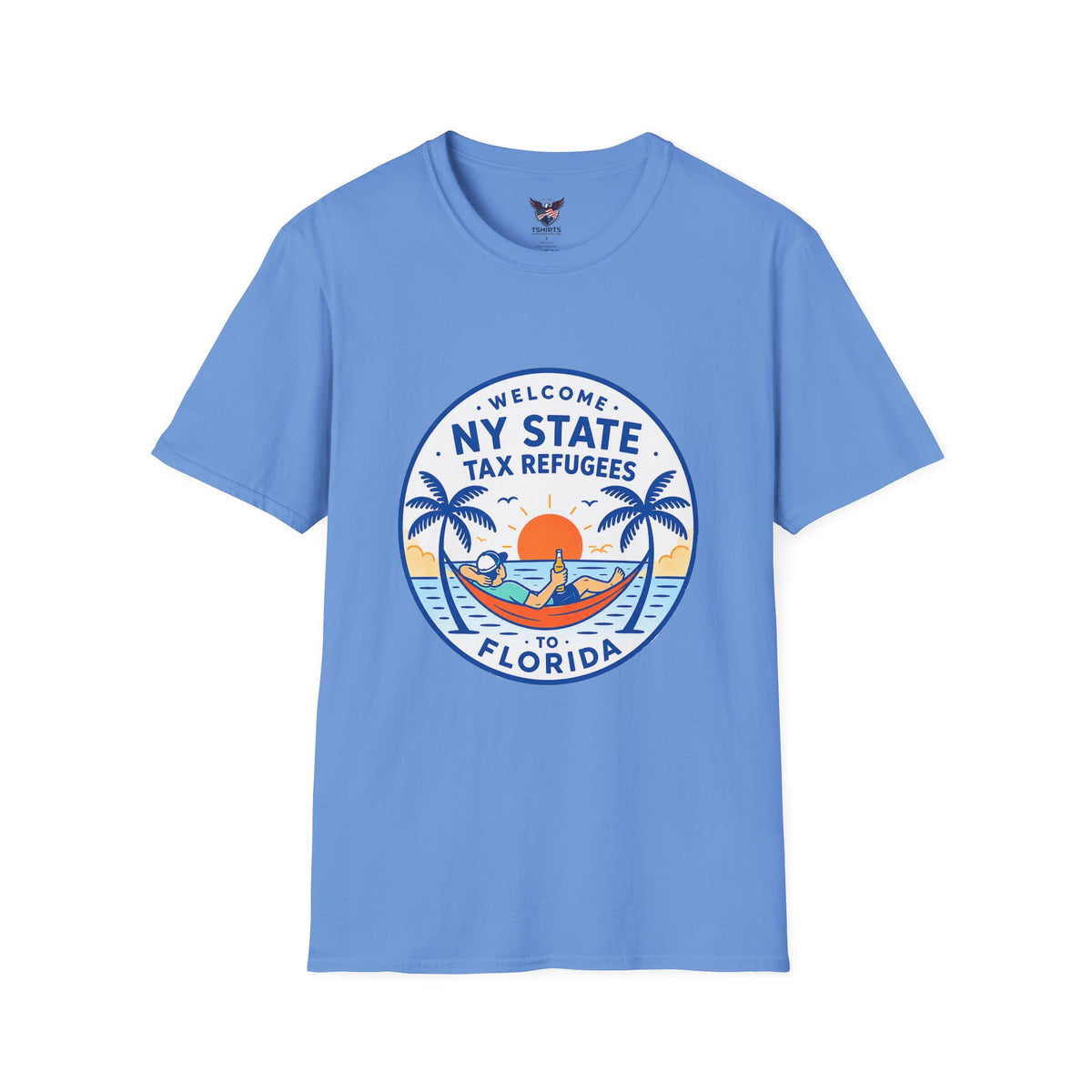NY State Tax Refugees Light Blue T-Shirt | Florida palm sunset design