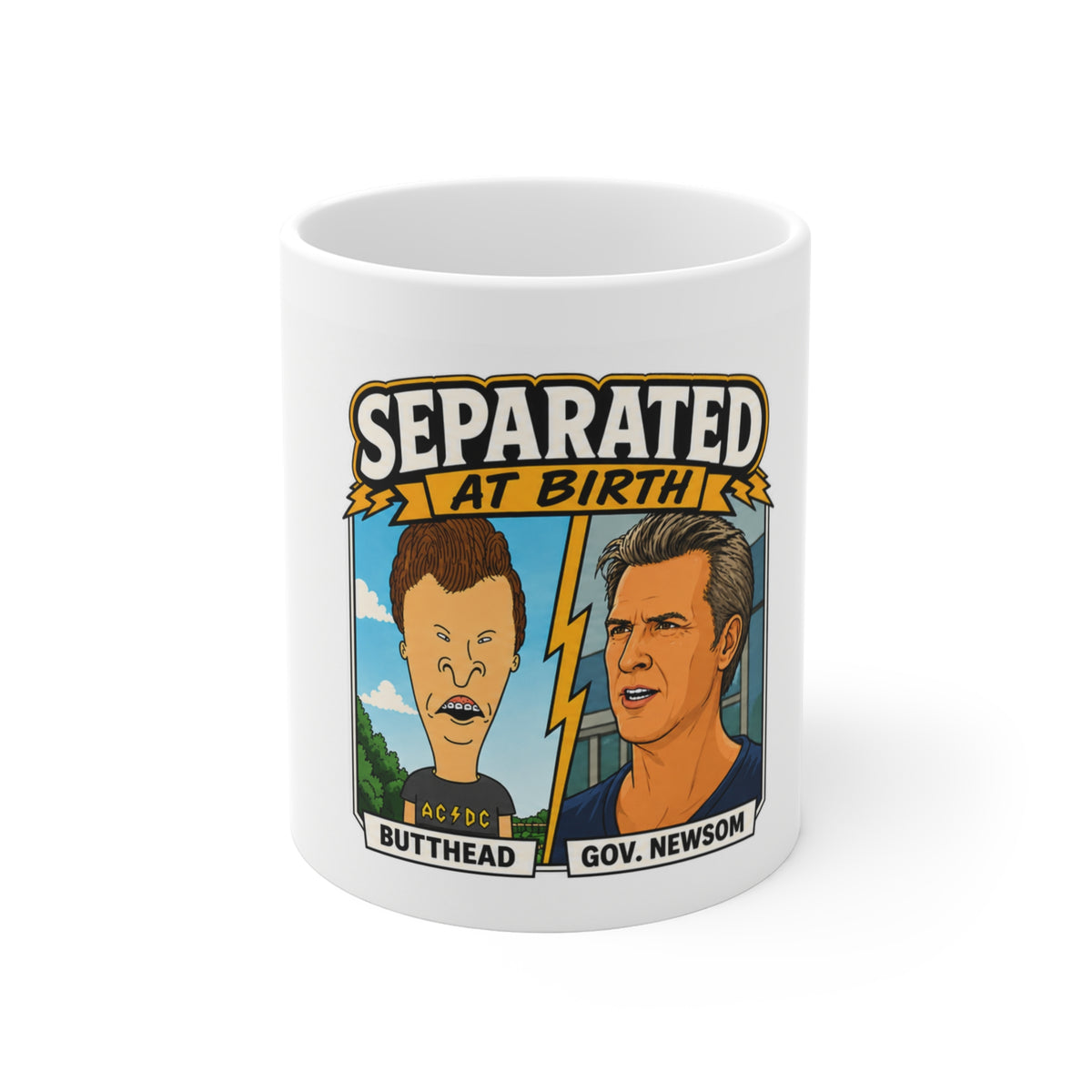 Gavin Newsom Parody Coffee Mug – Separated at Birth Beavis and Butt-Head Satirical Ceramic Tea Cup, Funny Political Novelty Gift
