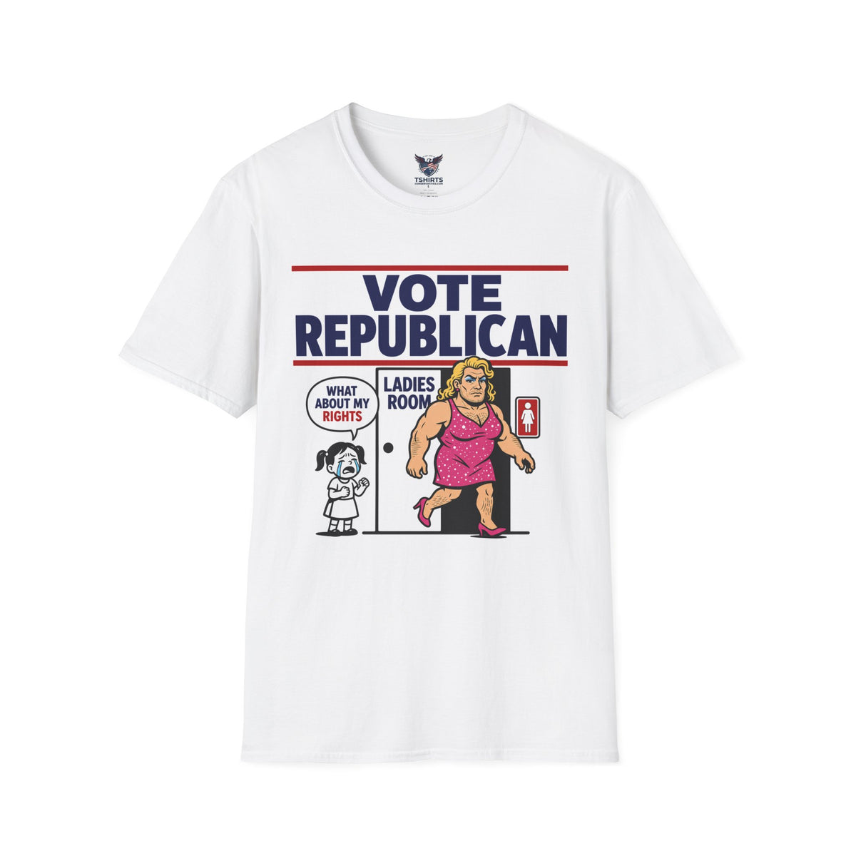 Vote Republican T‑Shirt — Political Patriotic Graphic Tee with 'Ladies Room' Cartoon