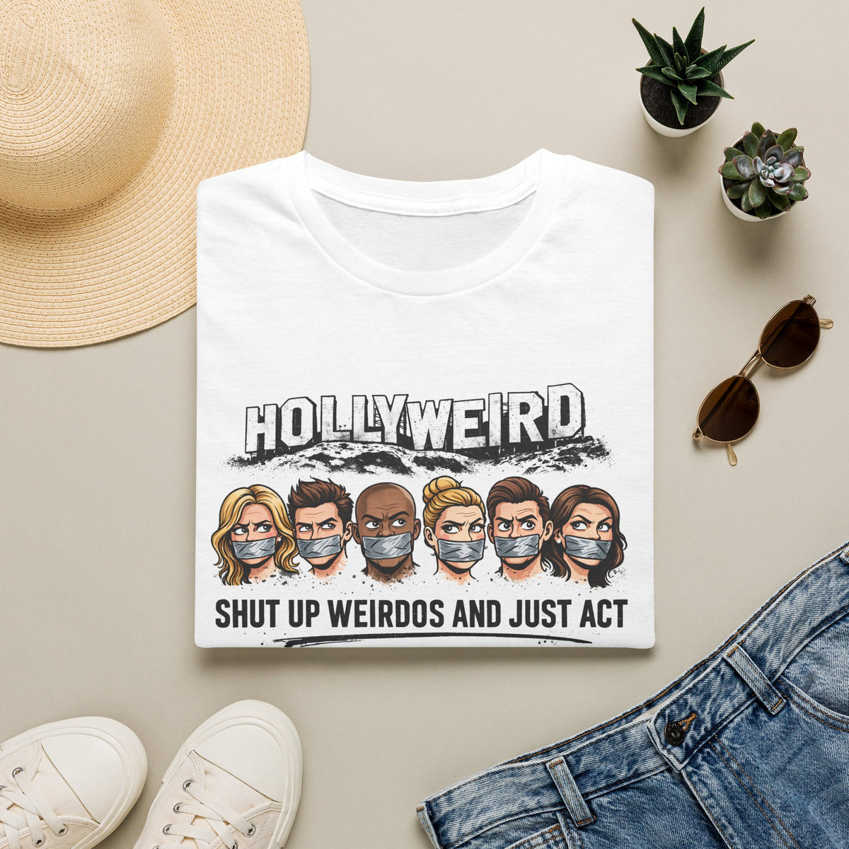 "Trump Patriot Shirt | America First T-Shirt | Conservative Republican Apparel | God Family Country Tee" | anti-woke tshirt | Hollyweird caricature faces T-Shirt | 'Shut Up Weirdos and Just Act'...