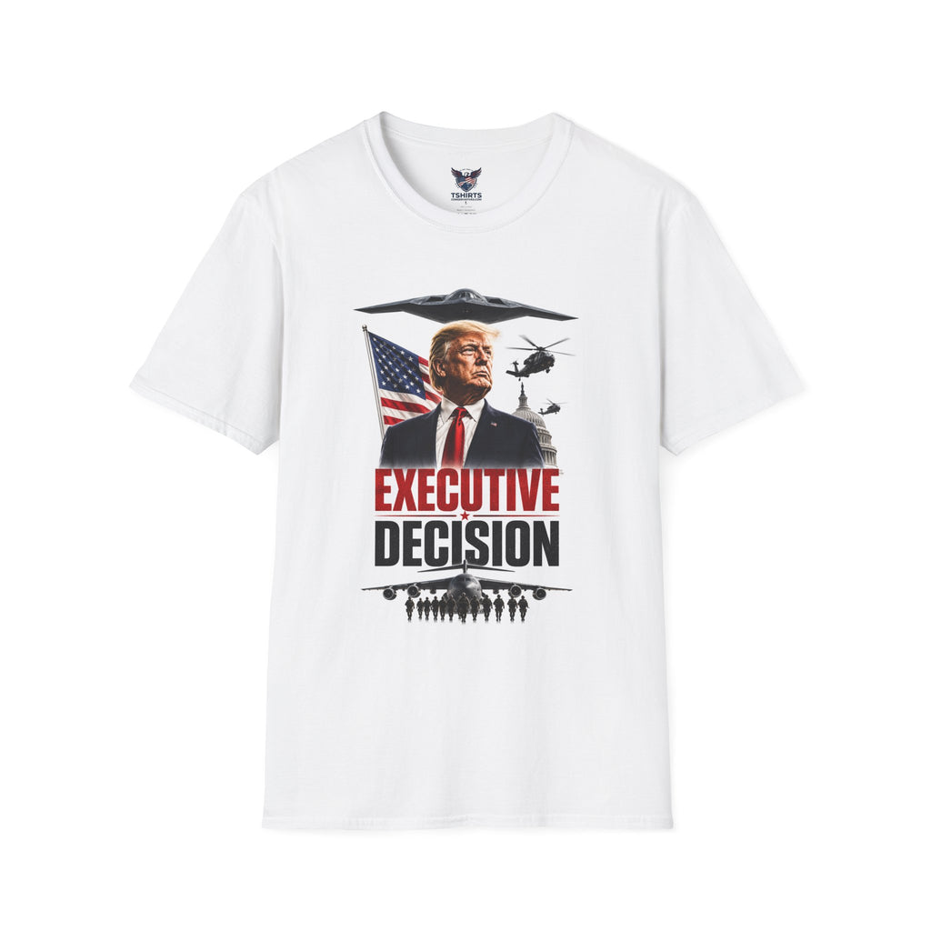 Political T-Shirt — "Executive Decision" Graphic Tee with Patriotic Flag & Military Imagery
