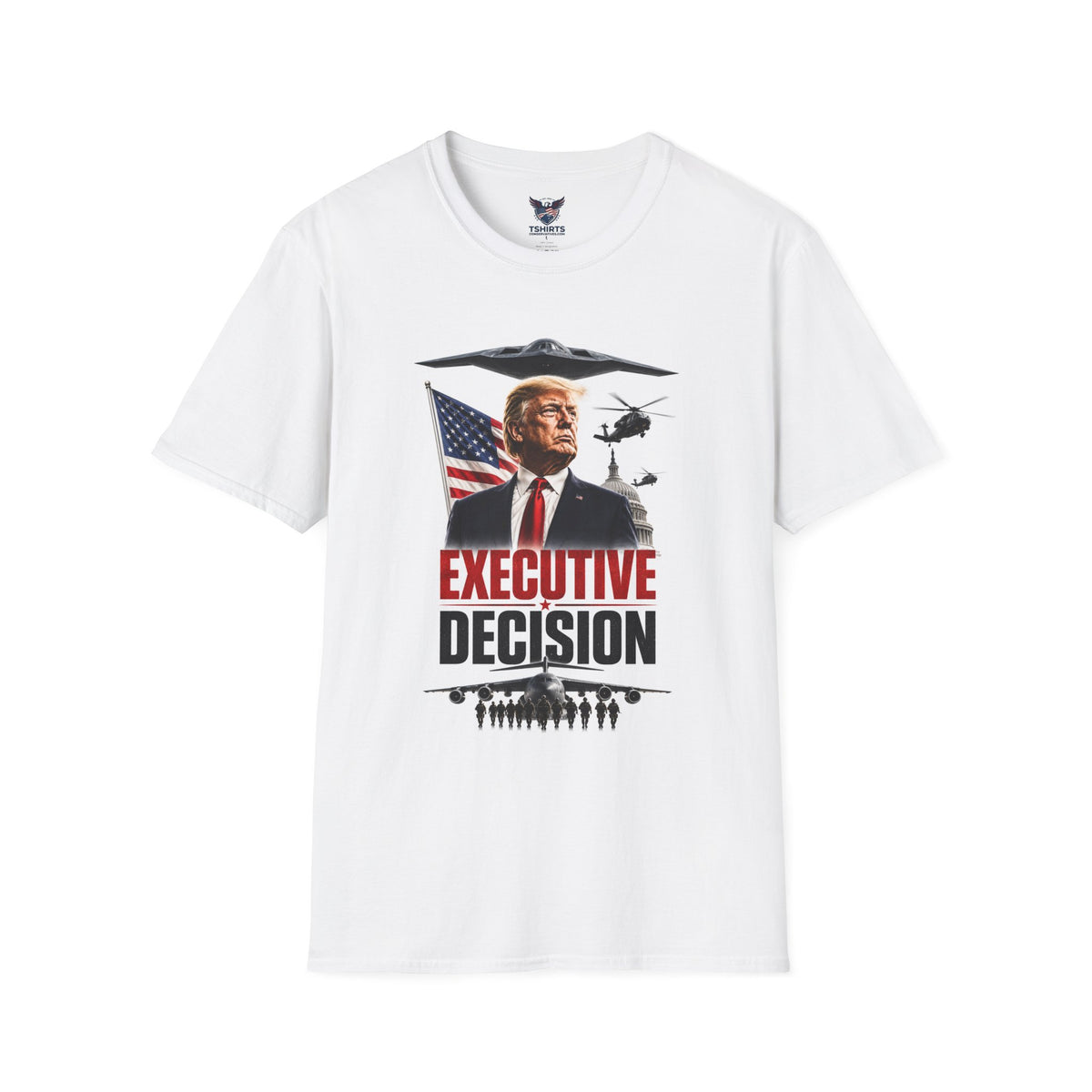 Political T-Shirt — "Executive Decision" Graphic Tee with Patriotic Flag & Military Imagery