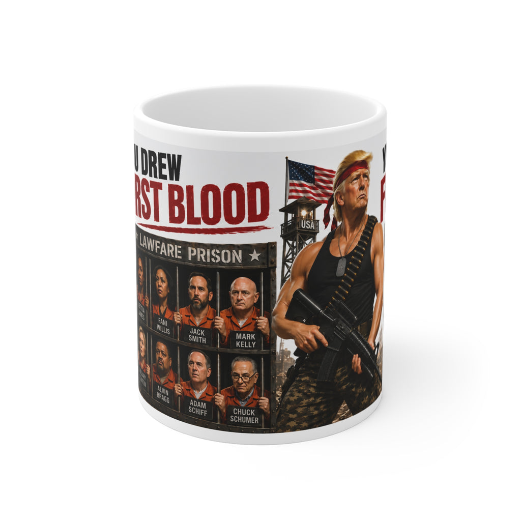 11oz Mug - Patriotic Trump Rambo Satire "You Drew First Blood' Military Cartoon Coffee Cup