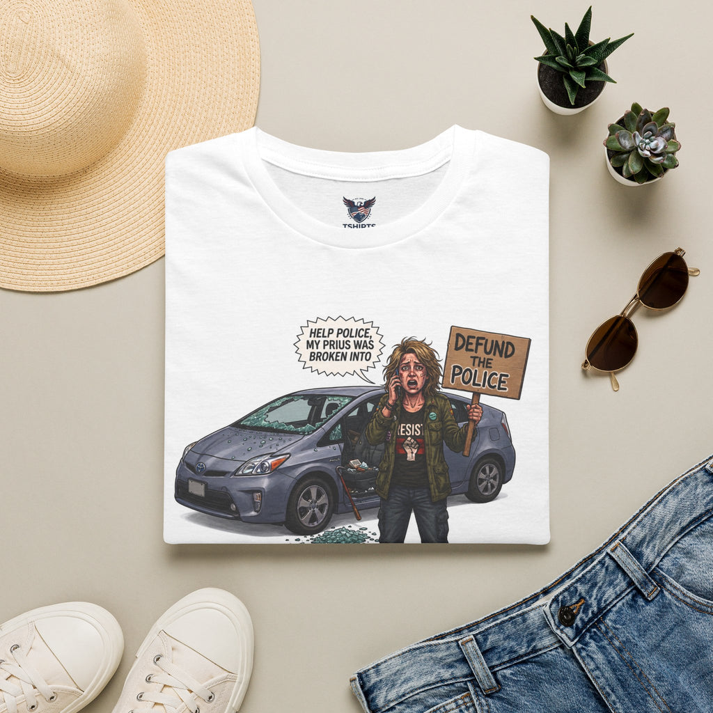 "Trump Patriot Shirt | America First T-Shirt | Conservative Republican Apparel | God Family Country Tee" | anti-woke tshirt | Woman with Protest Sign and Crashed Car T-Shirt | Political Satire Tee