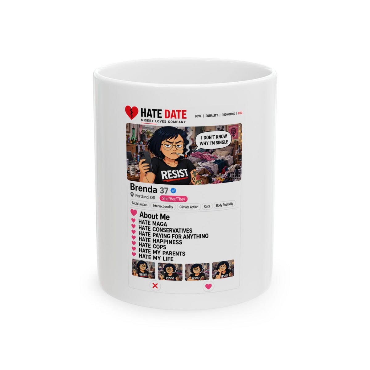 Political Satire Mug — "HATE DATE" Profile Coffee Cup (11oz/15oz)