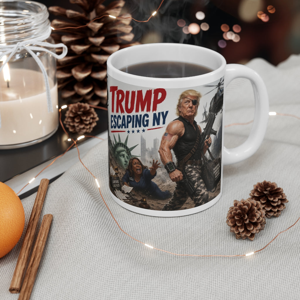 Political Novelty Mug — "Trump Escaping NY"  Trump Plissken Lawfare Satire Graphic