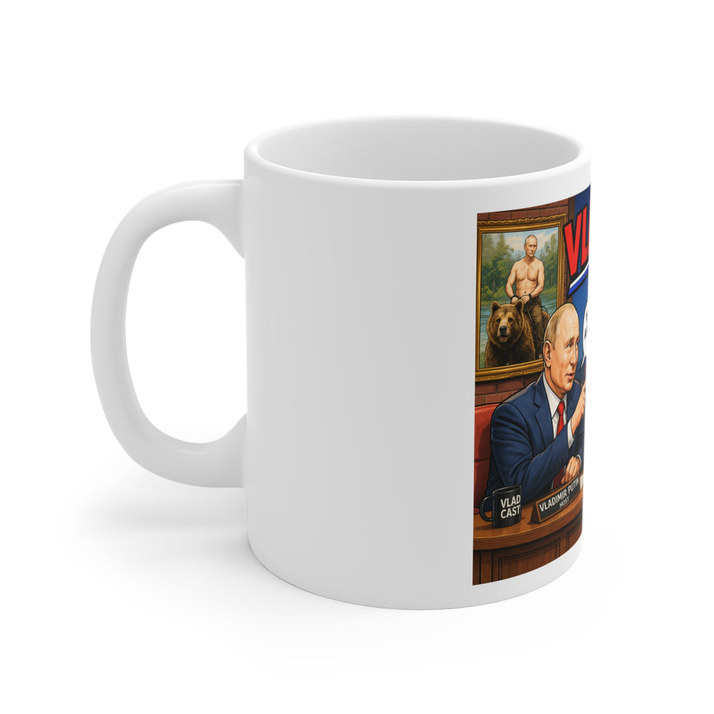 VLAD CAST PUTIN WITH COLBERT JOKE MUG Novelty Political Mug — 'VladCast' Talk Show Design