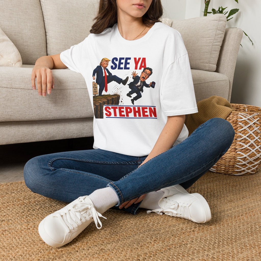 Trump Colbert  See Ya Cartoon Political Figure T-Shirt | Satirical Illustration