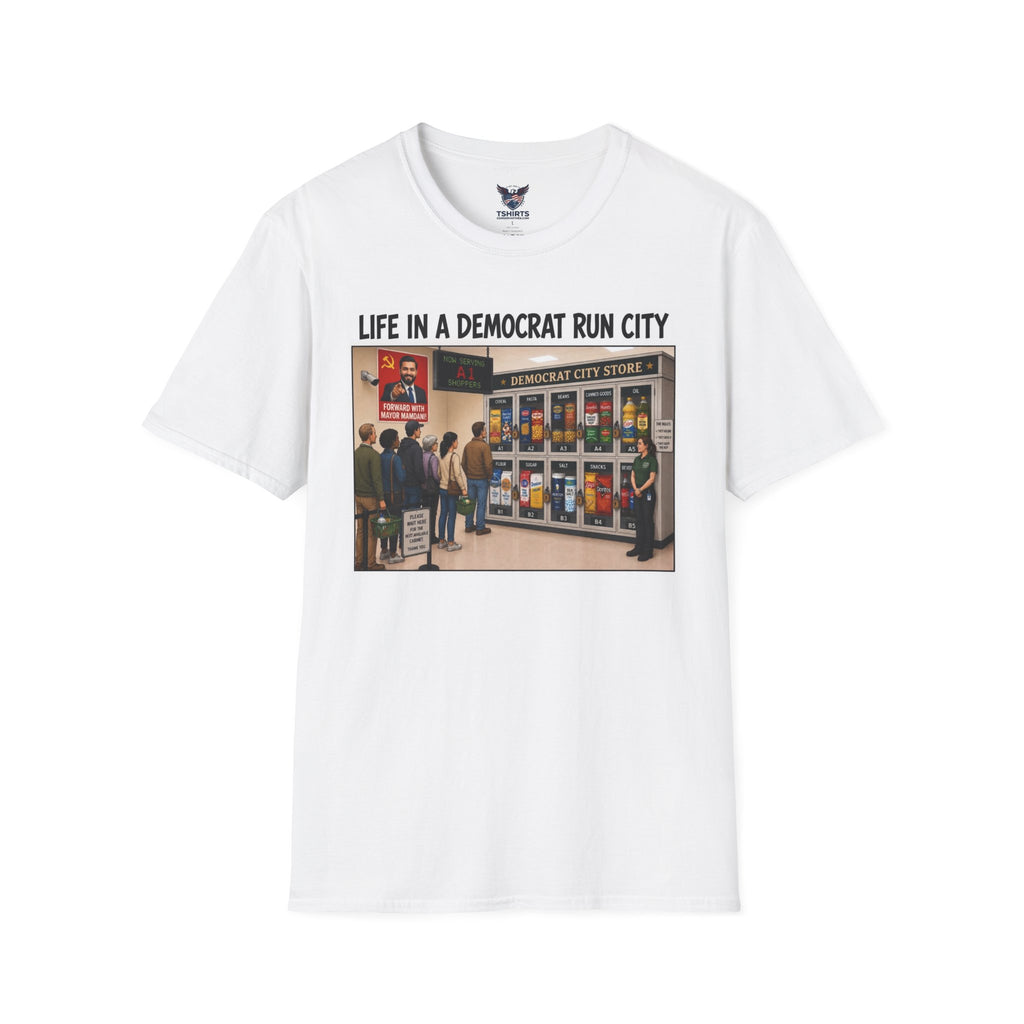 "Trump Patriot Shirt | America First T-Shirt | Conservative Republican Apparel | God Family Country Tee" |Life In A Democrat Run City T-Shirt | Political Satire, City Street Illustration