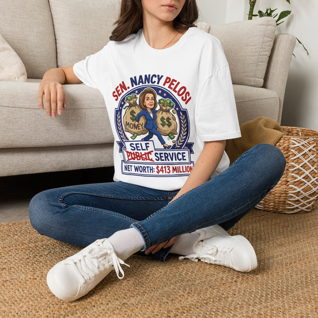 Political Satire T‑Shirt — "Sen. Nancy Pelosi" Money Bag Caricature